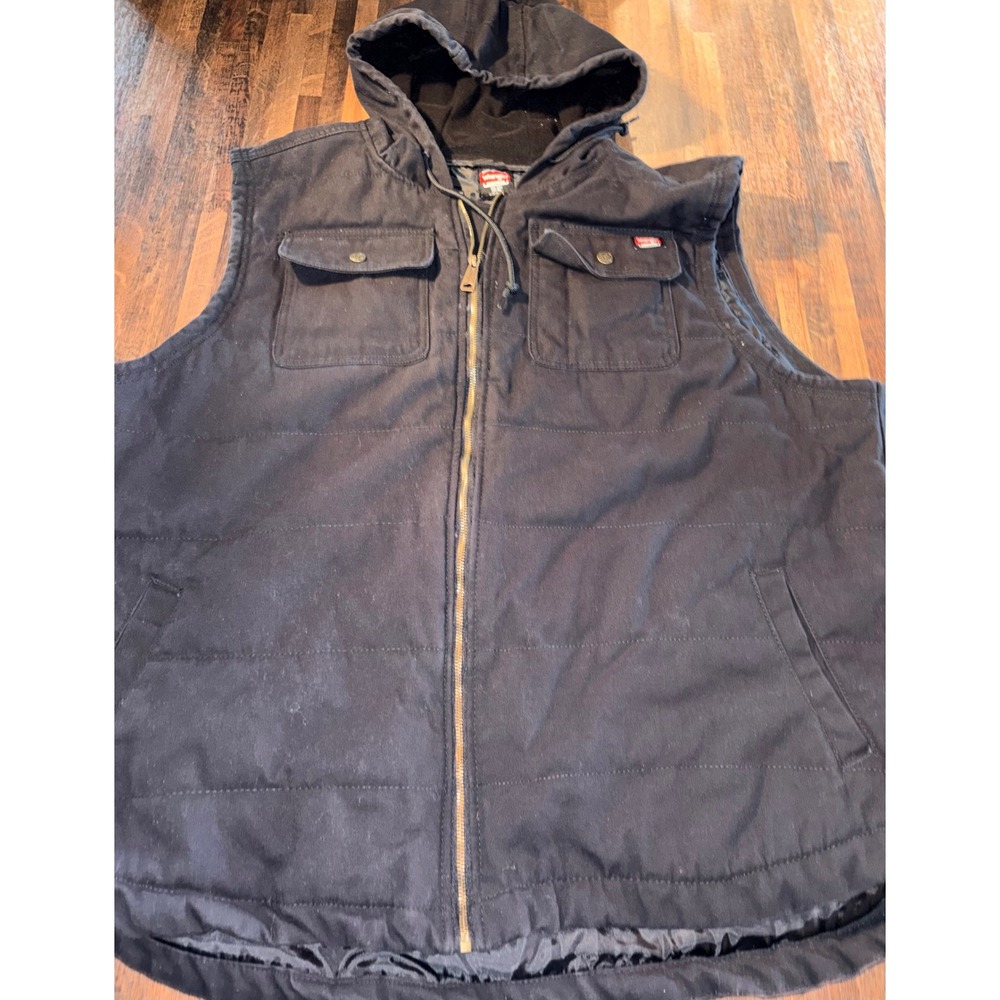 Wrangler Workwear Mens 3XL Black‎ Quilted Hooded Canvas Vest Heavy Duty Zip Up
